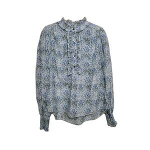 ME+EM Cotton Silk Floral Print Frill Trim Blouse, Blue/Multi - Size 12